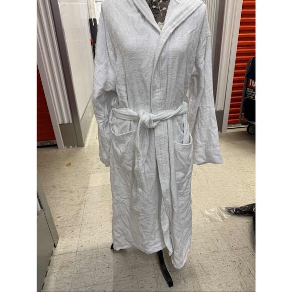 White Hooded Bathrobe Terry Cloth Cotton Unisex Spa Robe w/ Belt Pockets L/XL - Picture 1 of 5